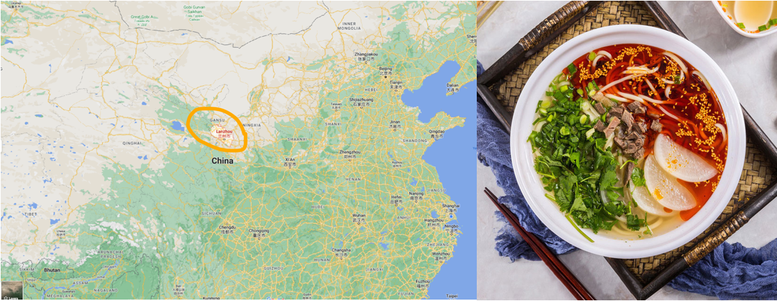 Graph 1 Lanzhou locating in Northwestern China and its famous Beef Noodles