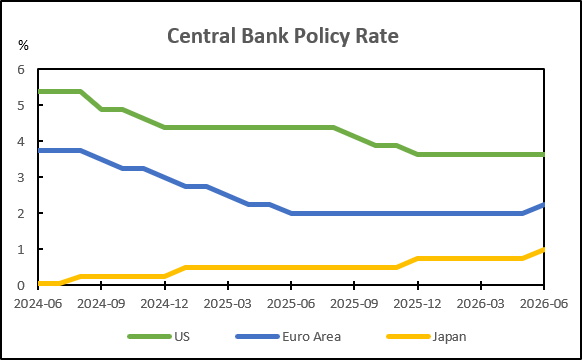 Central Bank Policy Rates: US, Euro Area, and Japan